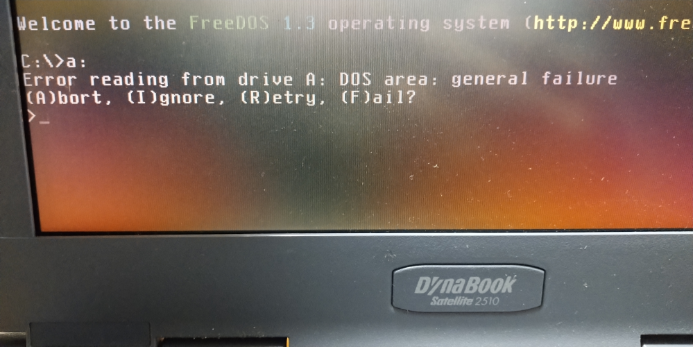 freeDOSについて質問です。 freeDOSをダイナブックサテライト2510に入れて実家から持ってきたWindows3.1をインストールしようとやっていたのですがドライブ変更をしたところ写真のとおりになりセットアップすることができません、原因は一体何なのでしょうか？フロッピー自体は問題なくWindows10で中身を確認することはできてます、分かる方々が居ましたら知恵をお貸しください。