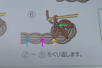 リフ編みの3目一度のやり方を教えてください。
今写真のここまで来ていて次にどの目に針を入れたら良いですか？
写真の矢印の緑、黄色、ピンクの順番ですか？ 