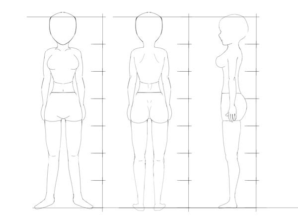 キャラクター3面図作成用で初めて大まかな7頭身の素体を描いてみたのですが、おかしい所等、注意すべきところ等ありませんでしょうか？ 良ければアドバイス頂きたいです よろしくお願い致します。