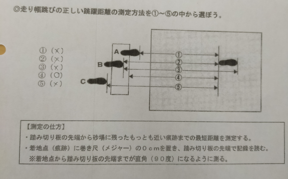 走り幅跳びの測定についてです。 この画像のような問題で、私はこのように回答しておりますがこちらであってますでしょうか？ 答えがなくて困ってます( ; ; ) どなたかよろしくお願いします、