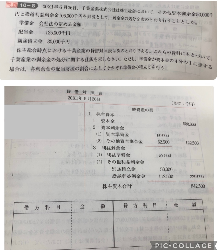 簿記2級の問題です。 下の問題の中で、疑問点があります。 ・準備金が資本金の1/4に達しているか確かめる方法 ・各剰余金の配当財源の割合に応じてそれぞれ準備金の積立を行うときの計算方法 問題の解き方の手順を最初から詳しく分かりやすく教えて欲しいです。 よろしくお願いします。