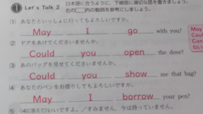 中学2年生の英語について質問です。 MayとCouldの意味はなんですか？