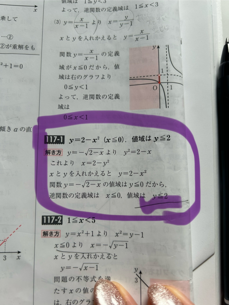 数学3Cから極限の質問です。 Y=−√2−xの逆関数と値域を求める問題です。 画像の解答なのですが なぜyの値域は>イコール2なのでしょうか？ 0ではないのでしょうか？