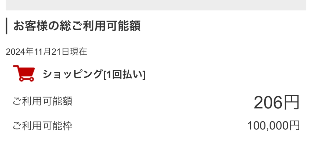 至急でお願いします、楽天クレジットカードについてです これって今月分の支払いが済んでもこの206円分しか使えないってことですか？