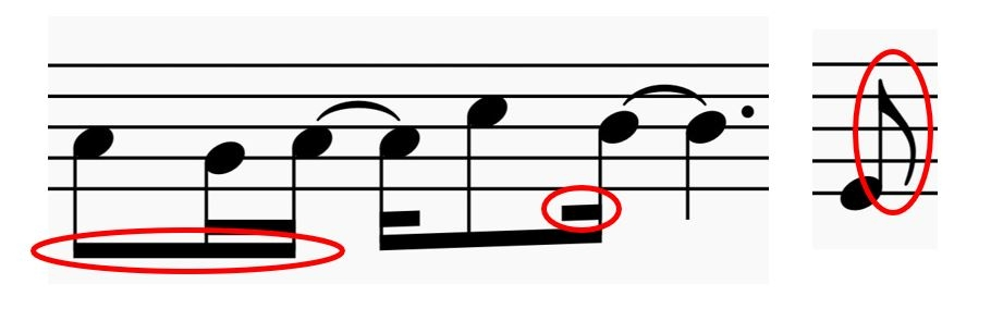 音符の部分の名前を教えてください。 1. 8分音符とかが連続すると、横棒でつなぐ時がありますが この横棒に呼び名はありますか? (できれば英語も) 2. その横棒ですが、16分音符だともう一本はいります。この横棒の名前は? あと、切れていない16分の横棒と切れている横棒(16分-8分-16分など)の呼び名は違いますか? 3. 8分音符についているヒゲみたいな部分の呼び名はありますか? 今、楽譜のレイアウトをしているのですが、16分でつながる横棒の縦の間隔を少し詰めてほしいとか、切れている16分の横棒を少し長くしてほしいとか 説明するのが大変です。呼び名があれば知りたいです。