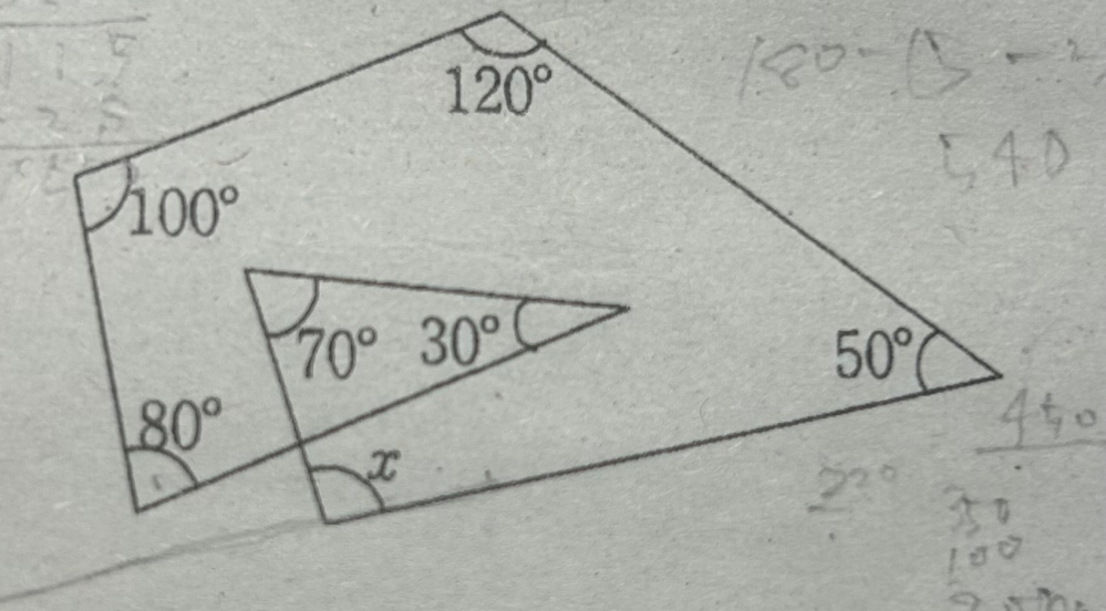 【至急】 中学二年生の数学の問題です。 Xの角度を求めたいのですがやり方が分かりません！ どうやって求めたらいいのか教えてください> <՞ ՞