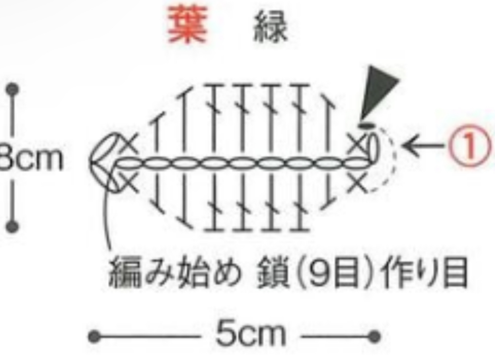 かぎ編みの編み図について質問です。 添付の画像の、葉っぱを作りたいのですが 編み始め鎖９目のあと立ち上がり鎖１目、までは分かるのですがその後の流れを教えていただきたいです。