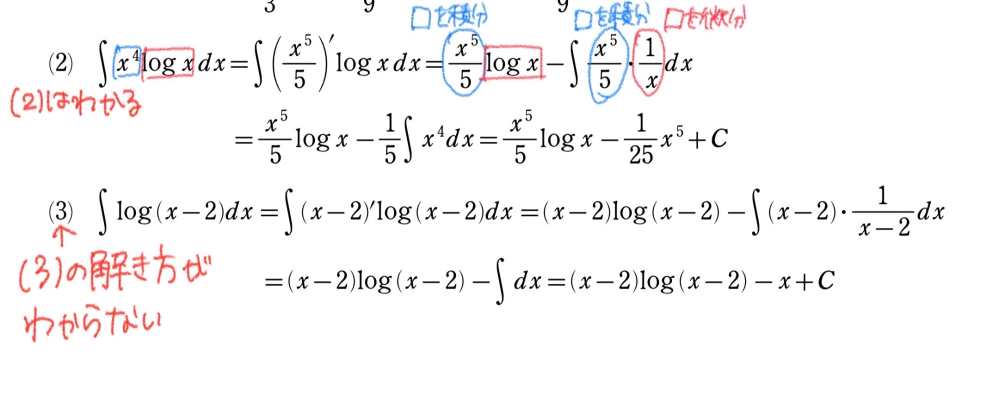 数Ⅲ 部分積分法について。至急お願いしたいです。 画像の(2)は理解できるのですが、(3)で何をしているのかが解答を読んでもわからないので教えていただきたいです。 部分積分は、 ∫◯⬜︎dx ＝(◯積分)(⬜︎)−∫(◯積分)(⬜︎微分)dx と考えて解いているのですが、(3)のような場合は別の考え方をするのでしょうか？ よろしくお願いします。