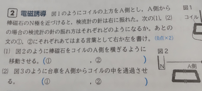 中3です。理科の問題で、(１)の問題は①右、②左になります。 私は、N極をコイルに近づけると左に触れるから①が左ではなれていくと右に触れるから②が右だと考えたのですが、そうでは無い理由を解説お願いしますm(*_ _)m