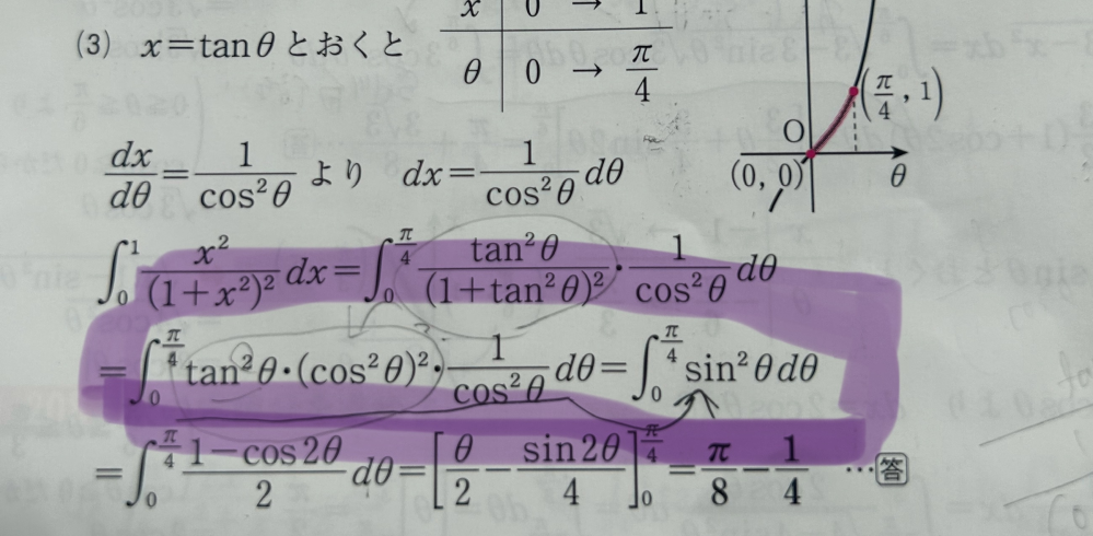 数学三積分の質問です。 紫で囲われた部分の途中式を教えていただけると助かります。