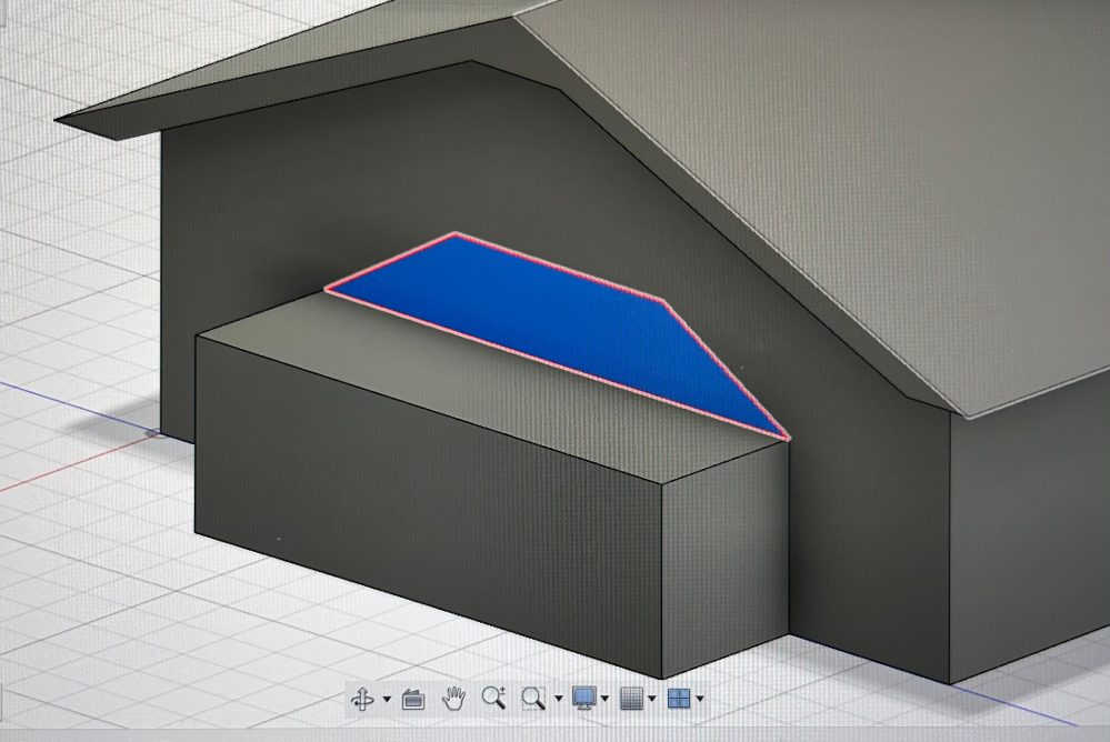 fusion初心者です。 画像の青い台形の頂点から下の長方形の頂点に繋ぐように押し出しをしたいです。屋根みたいにしたいのですがどのように押し出したらいいのでしょうか？