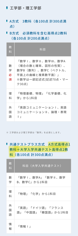 中部大学の入試についてです。 現在僕は中部大学の入試を工学部:「前期共通テストプラス方式」を受けようと考えているのですが 入試要項に記載されている「A方式高得点1教科」 と、言うのは工学部や、理工学部の場合勝手に数学で判定されてしまうんですか？ それとも、理科(A方式),英語(共通テ),情報(共通テ)のように数学を使わずとも受けることは可能ですか？ 憶測ですとこちらも困ってしまうので、この件に関して明確な知識を所有している方々の回答を希望します。