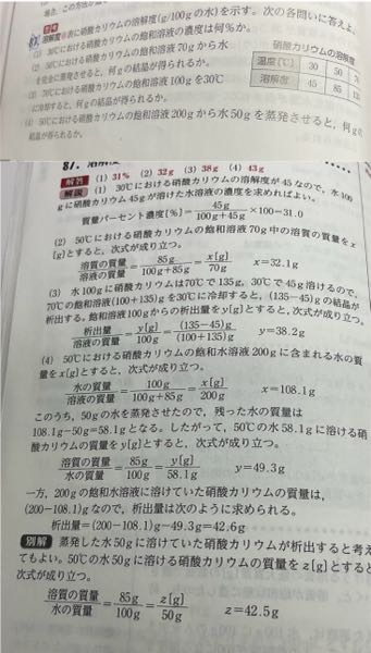 化学基礎 こちらの問題が理解できません。上が問題、下が解説なのですが、解説を見てもよくわかりません。 特に(4)の解説の、溶質の質量/水の質量=85/100となるのがなぜなのかわかりません。水の質量はなぜ100gなのか…。