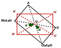 図形の回転に関する質問です。
添付した図をご覧ください。 四角形ABCDの対角線の交点が座標上の原点Oにあるとき、Oを中心として辺BCが水平になるよう（四角形A'B'C'D'になるよう）回転させた場合の回転角度α[rad]を求めたいのですが、どのようにすればよろしいでしょうか？

ちなみに、頂点A,B,C,Dの座標は分かっており、図では頂点BとCの座標をそれぞれ(x1,y1)と(x2,...