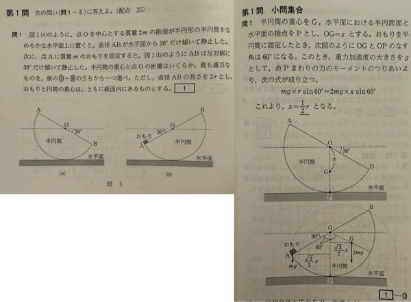 共通テストKパック物理で、めっちゃ基本的なことかもしれないですが教えてください。 解説の一つ目の図のような位置に重心Gがくると分かるのはどうしてですか？ O,G,Pで一直線上になる理由が分からないです。