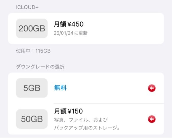 iCloudが勝手に毎月課金されてました。 機種変で新しいiPhoneに変えた時期から、iCloudで勝手に課金されてました。 iCloud管理の画面にはこのように表示されてるのですが、この場合115GB使用になってるので、ダウングレードはできないということでしょうか？ 5GBとかにしたら、今ある容量はそのままにできないということですよね。。よく分からないので有識者の方、教えてくださると助かります。