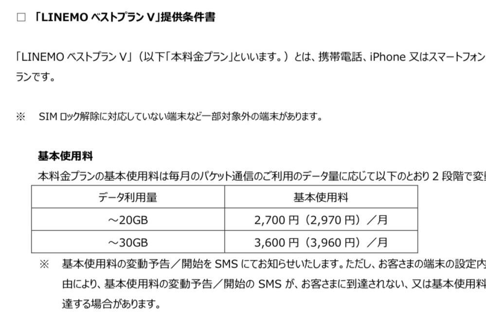 LINEMOのスマホプランからベストプランVに変更を検討しているのですが、 ホームページでは30GB 2,970円で使える(https://www.linemo.jp/campaign/planchange_2408/?s=xoi49 参照) と書いてあるのに提供条件書(写真参照)には30GB 3,960円と書いてあります。ホームページだけ見ると30GBまで2,970円で使えると思います。その認識が正しければなぜ値段が変わるのでしょうか？