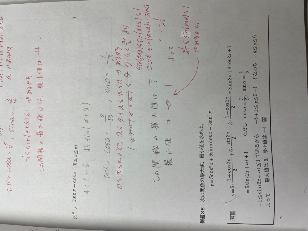 数2です。 次の関数の最大値、最小値を求めよという問題なのですが、（2）の0＜α＜２分のπより になる意味が分かりません。この0＜α＜２分のπ の意味とどうやってこの不等式ができたのかを教えて下さい。