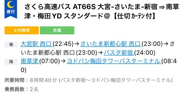 バス比較ナビの夜行バスについて質問です。 例として今日の東京から大阪の便を使います。 この場合 出発1月9日(22:45)→到着1月10日(8:40)なのか 出発1月8日(22:45)→到着1月9日(8:40) どちらなのでしょうか、、 前者かなと思って調べてたのですがなんか不安になってきて、、TT