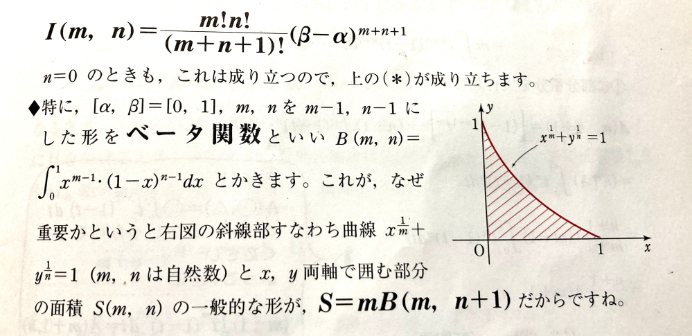 積分 046 β関数 下の添付写真において x^(1/m)+y(1/m)=1 は どこから導かれたのでしょうか？ 教えていただければ幸いです 何卒よろしくお願いします