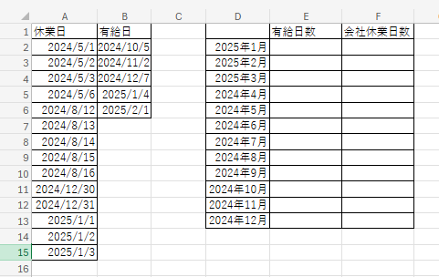 Excelについて質問です。 下の表の有給日数と会社休業日数を月ごとで簡単に求めたいです。 何かいい関数はありませんか？ ※ 有給日数＝有給日の日 会社休業日＝休業日かつ有給日以外の土日です。