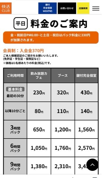 快活CLUBの土日料金についての質問です。 下の料金表だと土曜日に飲み放題カフェで利用する場合は 40分しか利用しなければ 基本料金230円＋追加10分80円の310円で利用できると言うことですか？以前使ったことがあるので会員にはなってたかと思います。 土日祝はパック料金に330円が加算されると書いてあるのですが、それは3時間パック以上ということでしょうか