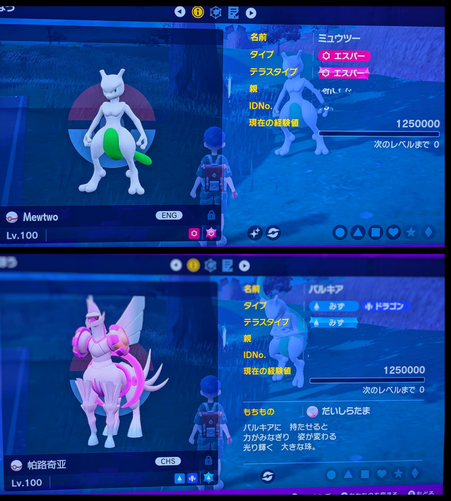 ポケモンSVについて教えてください。 子どもがバイオレットの通信交換をやって交換できたポケモンです。 ミュウツーは親名が英語でIDはバラバラ パルキアは親名・ポケモン名が中国語です。 これらは改造でしょうか？ 名前が気になっています。 調べてもいまいち、分からないのでお願いします。