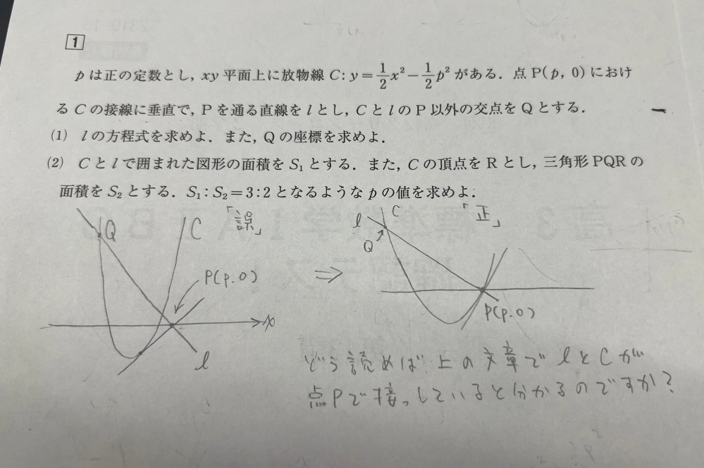 高校数学の微積の問題文について教えてください。 画像の問題を初見で解いた時に、画像左のようなグラフの概形を考えたのですが、 解答には画像右のように、Cとその接線が点Pで接するように図示されていました。 問題文には「点PにおけるCの接線に垂直で、Pを通る直線l」としか書かれていないので、画像左のようにPで接していないグラフでもおかしくないと思います。 「C上の点Pにおける」接線に垂直で…と書かれていれば画像右のようなグラフになると思うのですが、このような文章での考え方を教えてください。