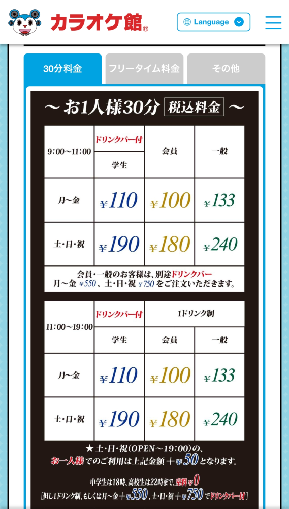 カラオケ館の料金について こちらの店舗の料金表(画像参照)には、平日の学生の30分料金が19時まで110円と記載があります。このプランで1時間利用する場合、料金は220円になるということで合ってますか？ 元々ドリンクバーは付いていて、外枠にも別途料金の記載はありませんでした。 近辺の店と比べてもこの店舗は特に安かったのでなんだか不安です… それと、これとは別にカラ館ゼロがありますが、これって高校生だと強制されますか？ 利用する時間的に学生の30分料金の方がお得なので、そちらを選びたいです… カラオケ館を利用したことがないので全然分かりません…有識者の方お助けください(>人<;)