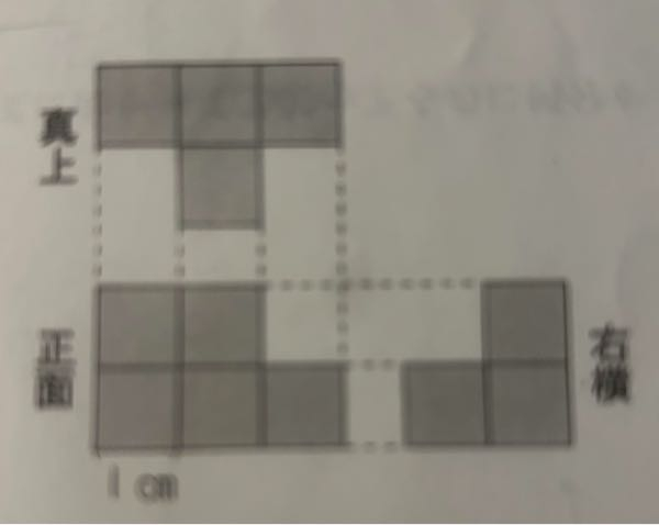 1辺1cmの立方体を、面と面がぴったりと重なるように積み重ねて立体を作りました。右の図は，この立体を正面，真上、右横から見た図です。この立体の体積は何㎤ですか？ →下の段は前列に3個、2列目に真ん中だけもう1個ある？ 上の段は左から2つある。 体積は3＋1＋2＝6 1×6＝6 答え6㎤ ？ 解説をお願いします。