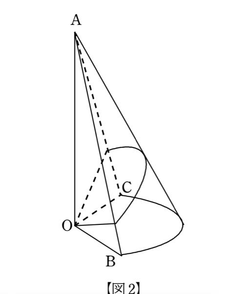 すみません。この問題がわかりませんどなたか教えてください。 図2のように点Oからこの立体の周りに一周紐を巻きつけて点Oに戻します。この紐の長さが最短になるときの長さを求めなさい。 AO=4√3 , BO=4 ,角AOB=90° ,角COB=120°