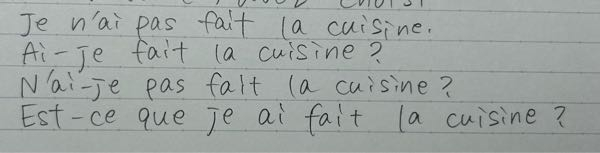 至急お願いします！ 大学1年 フランス語の宿題で、否定文や疑問文に書き換えるのですがこれで合っていますか？ 直説法複合過去 元の文 → J'ai fait la cuisine. 上から順に、否定分、倒置疑問文、否定倒置疑問文、Est-ce queの疑問文です。正しく書けているか教えてください。また、元の文の日本語訳は「私は料理を作った」で大丈夫ですよね？泣