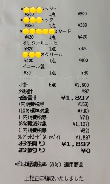 このレシートの消費税表記がさっぱりわかりません 商品小計6点に消費税率5%程度の外税がかかっている外税¥97とは何なのでしょうか？ 合計¥1,897の下に続いて内税表記がありますが、商品のそれぞれを足しても外税¥97を含んでいるのか、小計前の単価と合わず混乱です 品物はビニール袋以外食品で、＊印の付いた店内飲食と持ち帰り品が混在してます 8%と10%の品物が混在しているのでその調整なのでしょうか？ お強い方お願いします