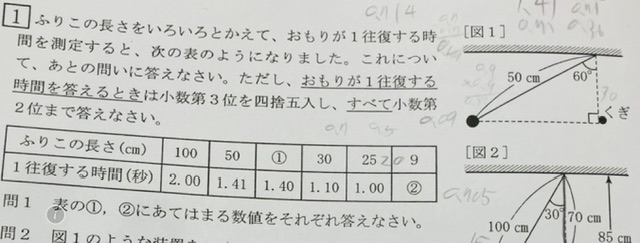 小学理科 図1のような装置をつくりおもりを静かにはなしました。おもりが1往復する時間は、1．21秒でした。 どのように導くと理解できますか、考え方を教えてください。 (また、表①=49 ②=0.60が答えとなります。)