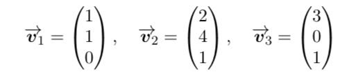 線型代数学の問題です。全体の流れがわかるよう解説していただきながら解答していただくと助かります。ご教示よろしくお願いします。 シュミットの直交化を用いて、次の3つのベクトルの組を正規直交化せよ。