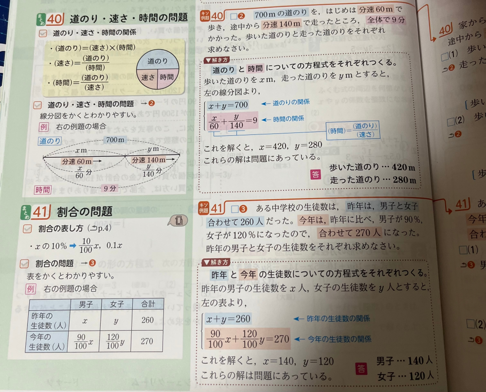 40番と41番のこれを解くとと書かれてるんですがその連立方程式をどういう感じに解いていくのかが分からず教えて欲しいです！！ 分数をどうやって解いていくのが分からなくて。 中2の問題です。