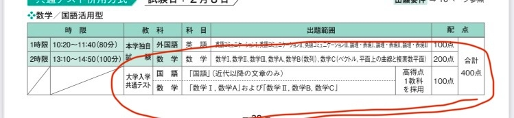 立命館大学の出願に関する質問です。 まるで囲った部分の「国語」、「数学1A」及び「数学2BC」の高得点科目1つ採用というのは国語か数学1Aか数学2BCの3つのうちどれかを取ってくれるのか、数学の場合は合計の半分の点数を取ってくれるのでしょうか。教えてください