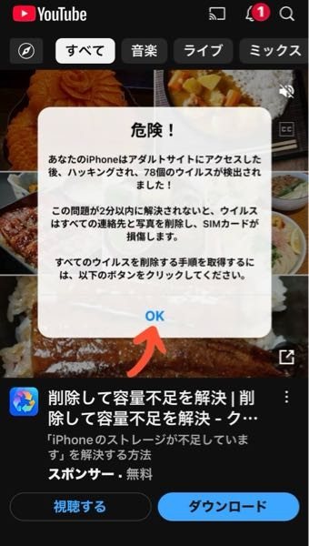 これは、フィシング作業ですか？ YouTubeを開けると、この様な画面が表示されました。 OKボタンから、ウィルス駆除をするべきですか？