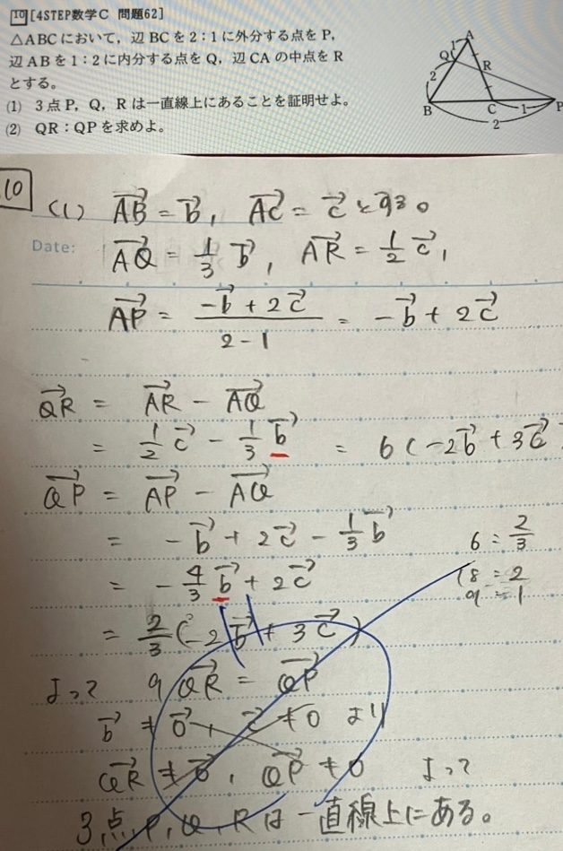 解答と比が合いません。 解答では4:1ですが自分のだと9:1です。 式変形してる時に変なことをやってしまったんだと思いますが、どこが間違いなのか分かりません… 簡単にまとめると QR=-1/3b+1/2c=6(-2b+3c) QP=-4/3b+2c=2/3(-2b+3c)として、 係数より6:2/3=9:1としました。