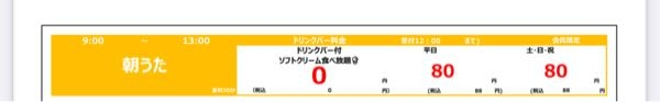 カラオケのまねきねこの料金についてです。 こちらの料金表で朝うたの場合30分80円でドリンクバー代は0円との表記のため、30分80円の室料のみで追加料金なしでドリンクバーも利用できるのでしょうか。 朝うたはワンドリンク制という情報を見たのですが、こちらのドリンクバーを利用した場合どうなるのでしょうか？