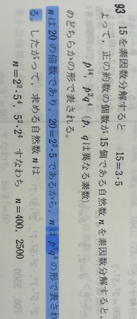 20の倍数で正の約数の個数が15個である自然数nを全て求めよ。という問題で線を引いた部分が分かりません。なぜ2の2乗×5がP二乗×q4乗の形になるんですか？？ 