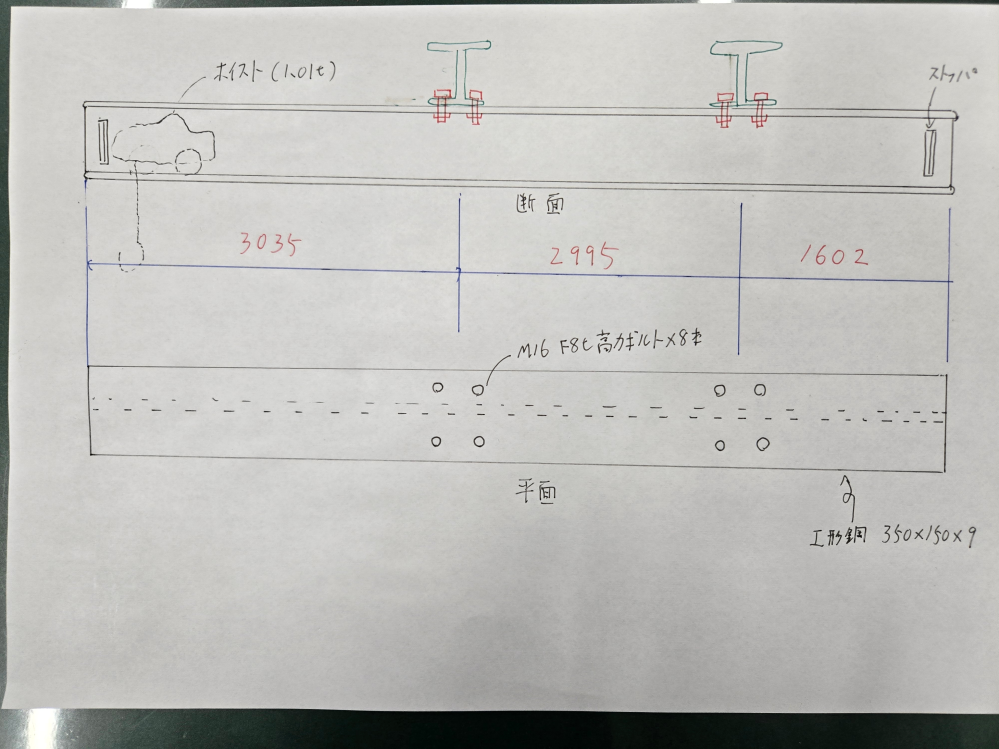 ホイストレールの高力ボルトの支持力の計算について 既存（緑）の鋼材にI型鋼（350×150×9）のホイストレールをM16 F8tの高力ボルトで 8カ所で固定して、ホイスト（1.01ｔフック込）を取り付けるのですが、ボルトサイズが適正かを知りたいです。 ホイストを約1ｔ吊った時に支持できるのかを計算したいです。