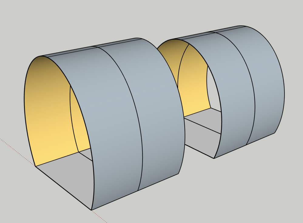 スケッチアップで、このような高さの違うトンネルを繋げたい(近づけるのではなく、間に壁を入れたいです)のですが、どのようにすれば良いでしょうか? 教えてください、よろしくお願いいたします!