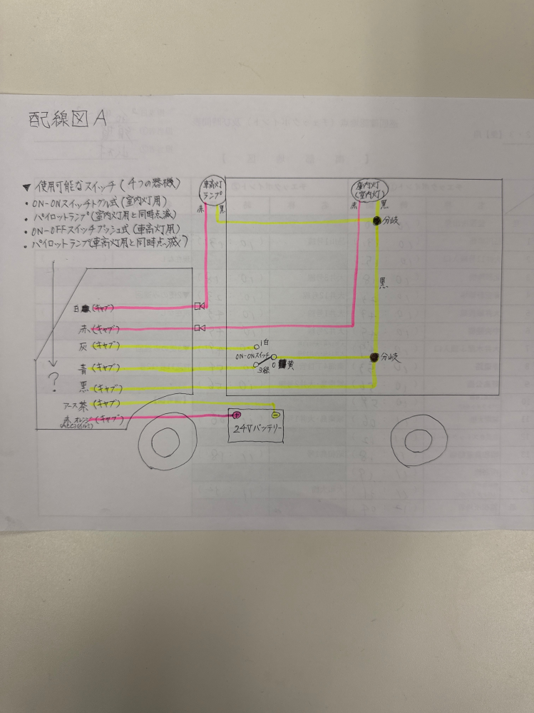 トラックの配線について質問です。 まずは配線図Aをご覧下さい。 トラックのボディ側（箱側）から図のような結線方法でキャビン側（フロント席側）に埋め込み配線が5本来ています。尚、その各配線は現在どこにも繋がれて無く、元々の配線方法も不明な状態です。 車高灯（マーカーランプ）はイルミから電源を取り、オルタネイトスイッチ（パイロットランプ同時点滅）を介してキャビン側だけでオンオフの操作。 庫内灯（室内灯）はACCから電源を取り、ボディ側の3路トグルスイッチ（パイロットランプは無し）とキャビン側の3路トグルスイッチ（パイロットランプ同時点滅）で繋ぎ、運転席、箱内の双方からオンオフの操作ができるようにしたいです。 色々試してみましたが、何故かどちらかの3路スイッチで庫内灯をオフにすると、車高灯までも連動してオフになってしまいます。3路スイッチ（ボディ側）の0（ゼロ）番と導通している黒色配線（キャビン側）の役割が良く分からないのでおそらくその黒線の取り回しかたが原因かと思います。 ボディ側はアルミの内側に埋め込み配線されているので、キャビン側に来ている5本の配線と手持ちのスイッチとパイロットランプだけで配線を見直していく流れになります。 一応、電工2種は持ってますが趣味程度の知識です。 何かおすすめの配線方法があればぜひアドバイスください。 できれば複線図で説明して頂けると助かります。