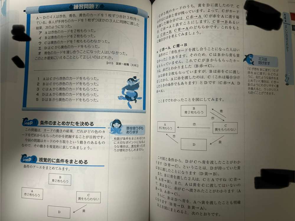 公務員試験の判断推理の問題です。 模範回答を理解はできるのですが、なぜこのような整理をして解いているのかわかりません。 模範解答の考えの流れや、模範解答以外で良い考え方があれば教えていただきたいですm(__)m よろしくお願いいたします！