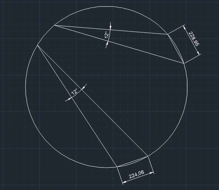 AutoCADについて質問です。 「同じ角度の円周角から作られる2点間の弦の長さは等しい」ということなので、実際にCADで描いて見たら弦の長さが全っ然違うのですがなぜですか…。 設定がおかしいのでしょうか。 それとも私が何か誤解しているのでしょうか。