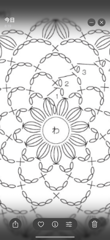 画像の編み図について質問です。 1段目：立ち上がりの鎖→中長編み→鎖編み3目とあり2段目のように鎖編み→細編みなら理解できますが、1段目鎖編みを編んだ後次の目にかぎ針をいれてどのように編んでいけばいいのか理解できません。 編み物独学でやっているので編み図の見方がまだ難しいところがありお返事いただければ嬉しいです。