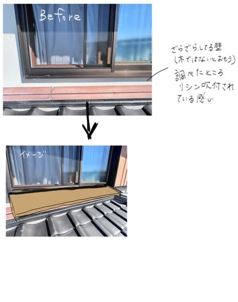 DIYについて 外に棚を取り付けたいのですが可能でしょうか DIY初心者どころか一回もしたことがありません!!知識も無いです。 ・植物を置く(だいたい2〜3kg) ・棚の素材は出来れば木がいい ↪︎なので雨に濡れても大丈夫な素材や対策を教えて欲しいです ・設置する位置は画像のような感じがいいです。部屋の中から見えるようにしたい このような場合、どうやって取り付ければいいでしょうか… サッシに挟み込むような感じの方がいいんでしょうか？ よろしくお願いします。