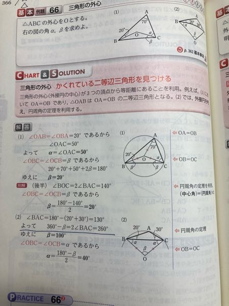 解説の赤線部分がわかりません。 円周角の定理をどのようにして使っているかがわからないので、詳しく教えてください。