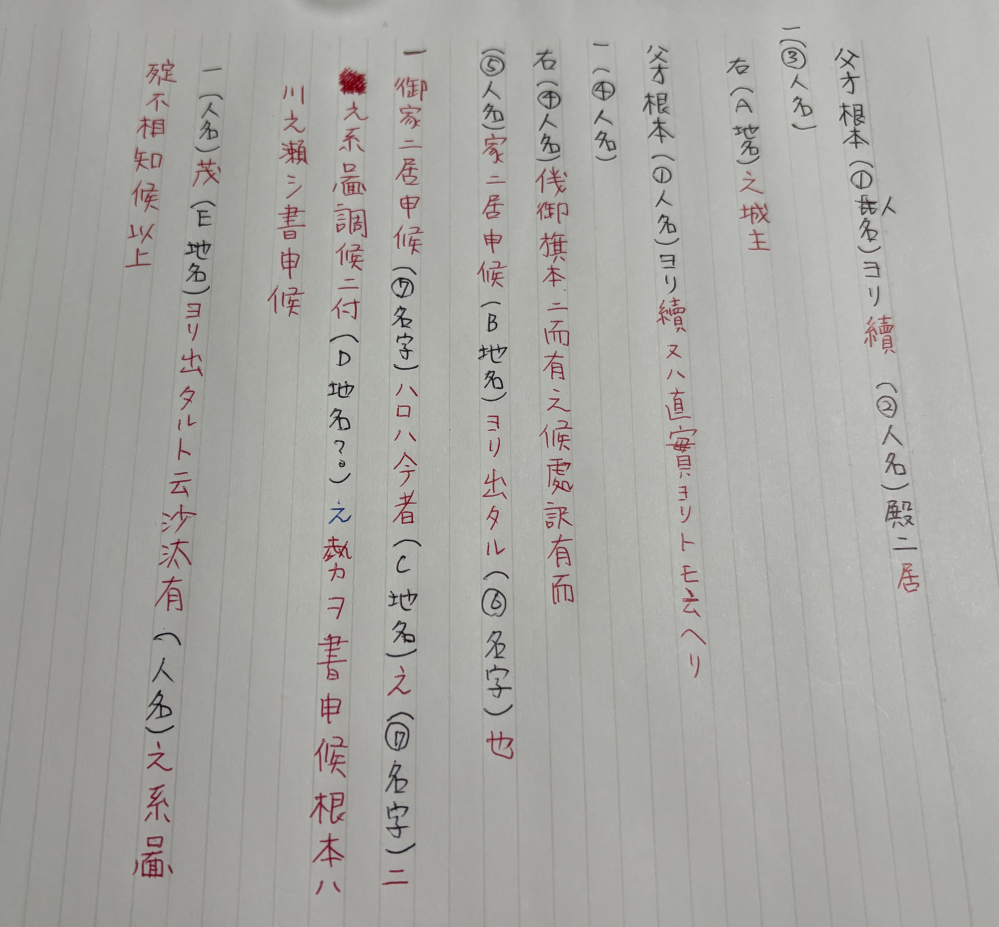 家系図があったのですが読めなくて困っています。 人名や地名が多かったので、それ以外の部分を赤字で書き出しました。 読める方、意味が分かる方、いらしたら教えてください。 よろしくお願いいたします。